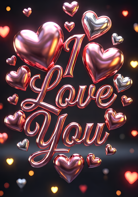 3D Metallic I Love You Hearts Print