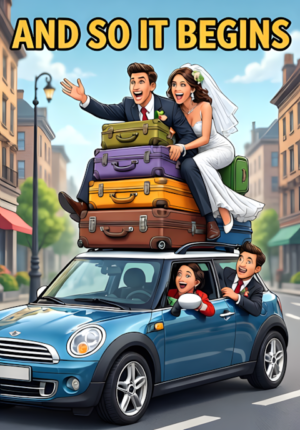 And So It Begins A Newlywed Couple Trying To Squeeze All Their Wedding Luggage Into A Tiny Getaway Car Suitcases Piled Impossibly High