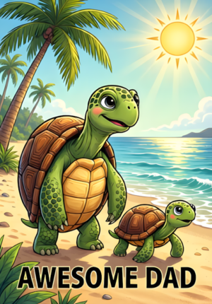 Awesome Dad Dad Turtle And Baby Turtle Slowly Walking Together Along A Sunny Beach