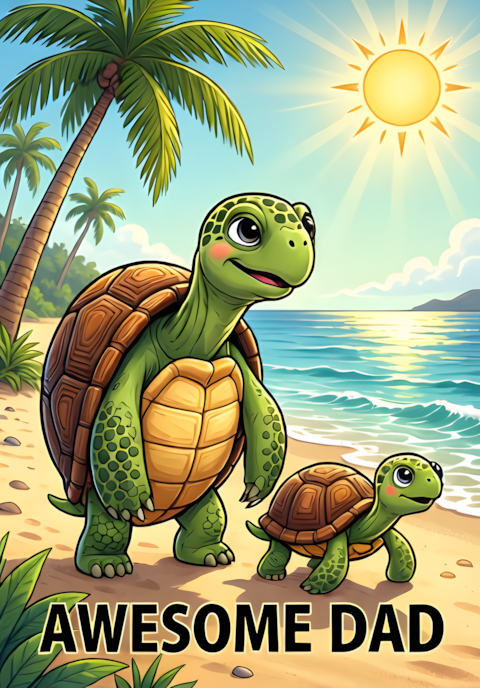 Awesome Dad Dad Turtle And Baby Turtle Slowly Walking Together Along A Sunny Beach