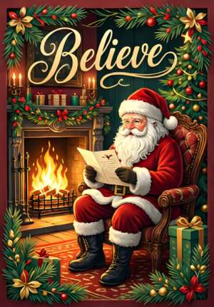 Believe Santa Reading Letters By A Fireplace