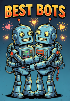 Best Bots Retro Cartoon Illustration Of Two Friendly Robots Attempting A Hug And Getting Their Metal Arms Completely Tangled Together