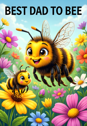 Best Dad To Bee Dad Bee And Little Bee Flying Together Among Bright Flowers