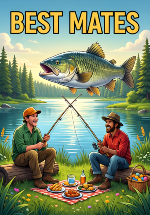 Best Mates Two Male Friends Fishing Beside A Peaceful Lake Completely Unaware An Enormous Fish Behind Them Is Stealing Their Picnic
