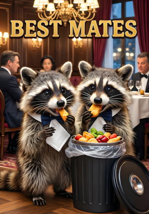 Best Mates Two Raccoons Beside An Overturned Rubbish Bin Eating Snacks As Though Dining In A Luxury Restaurant