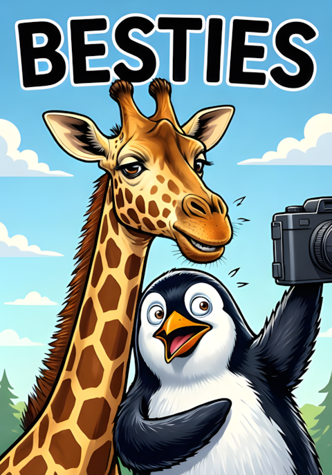 Besties A Giraffe And Penguin Trying Desperately To Fit Together Into A Selfie Ridiculous Height Difference And Camera Angle
