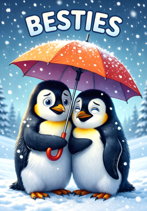 Besties Two Penguins Trying To Share One Tiny Umbrella In The Snow Squeezed Together With Confused Expressions