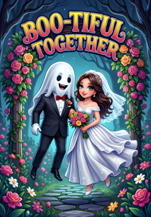 Bootiful Together Two Ghosts Dressed As Newlyweds Floating Together Beneath A Spooky But Adorable Floral Arch