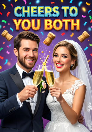 Cheers To You Both Two Newlyweds Clinking Champagne Glasses While A Cork Flies Dramatically Through The Air