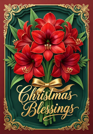 Christmas Blessings Red Amaryllis Bouquet With Gold Ribbon