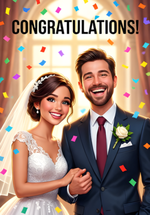 Congratulations A Smiling Newlywed Couple Beneath A Shower Of Colorful Confetti Holding Hands And Laughing