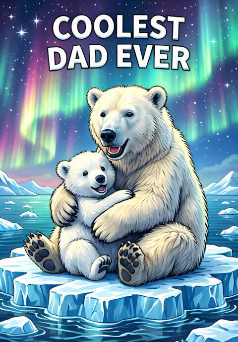 Coolest Dad Ever Dad Polar Bear And Cub Cuddling Together On An Iceberg Beneath A Colorful Aurora