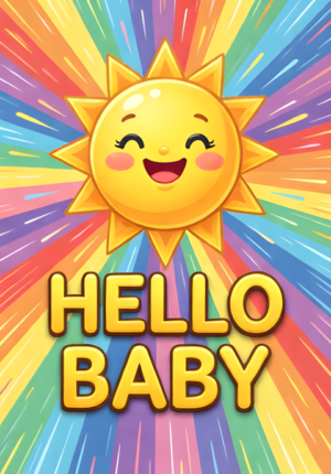 Cute Illustrated Baby Shower Smiling Yellow Sun Rainbow Rays Pastel Colors