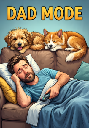 Dad Mode Dad Asleep On The Sofa With The Tv Remote In His Hand And Family Pets Sleeping On Top Of Him