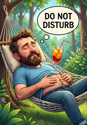 Do Not Disturb Dad Asleep In A Hammock With A Drink Balanced Dangerously On His Belly