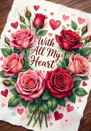 Floral Watercolor With All My Heart Valentine Print