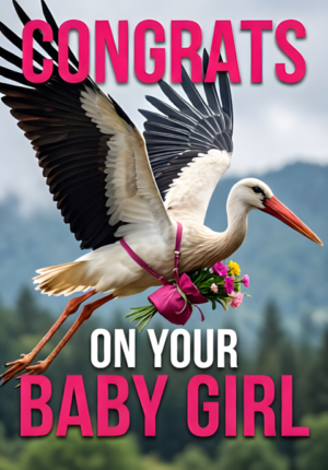 Flying Stork With Pink Bundle And Flowers