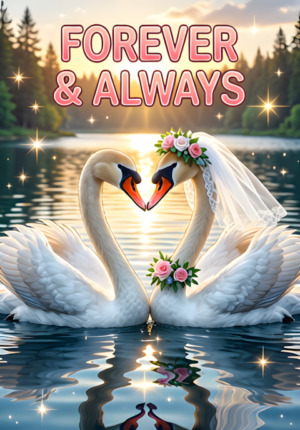Forever And Always Two Swans Wearing Tiny Wedding Accessories Their Curved Necks Forming A Heart On A Sparkling Lake