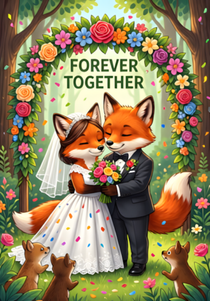 Forever Together Two Foxes Dressed As Newlyweds Cuddling Beneath A Woodland Floral Arch
