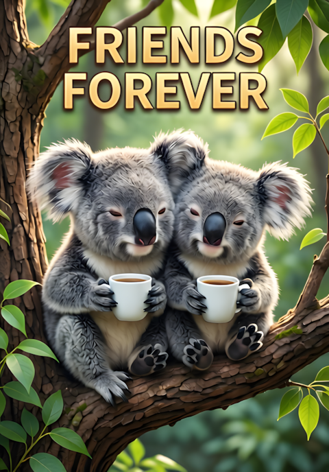 Friends Forever Two Sleepy Koalas Leaning Against Each Other On A Tree Branch While Holding Coffee Mugs