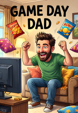Game Day Dad Dad Enthusiastically Cheering At The Television While Snacks And Cushions Fly Everywhere