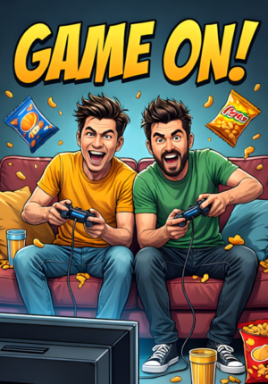 Game On Two Male Friends Playing Video Games Together On A Sofa
