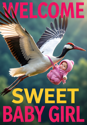 Gentle Stork Flying With Pink Bundle