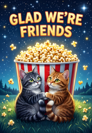 Glad Were Friends Two Cats Sitting Together Beneath A Starry Night Sky Sharing An Enormous Bowl Of Popcorn