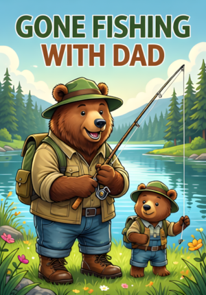 Gone Fishing With Dad Dad Bear Fishing Beside A Peaceful Lake With His Little Bear Cub