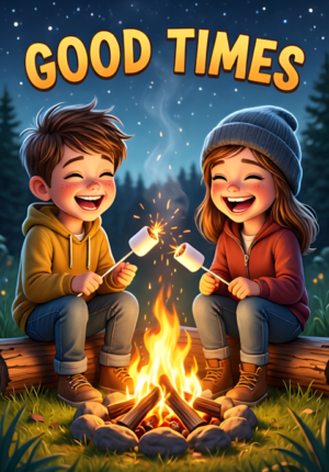 Good Times Two Friends Sitting Around A Campfire Their Marshmallows Accidentally On Fire While Both Laugh Uncontrollably