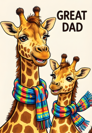 Great Dad Dad Giraffe And Little Giraffe Wearing Matching Colorful Scarves And Smiling Together