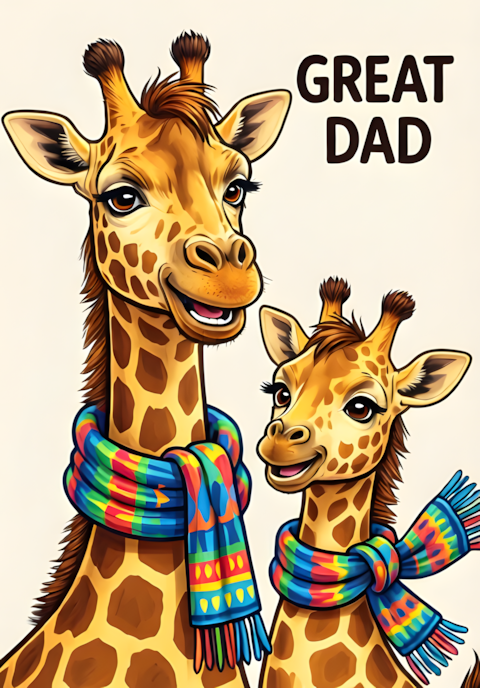 Great Dad Dad Giraffe And Little Giraffe Wearing Matching Colorful Scarves And Smiling Together