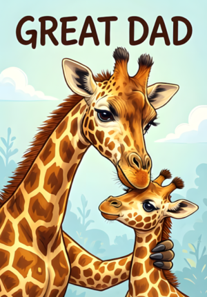 Great Dad Dad Giraffe Bending His Long Neck Down To Hug His Little Giraffe