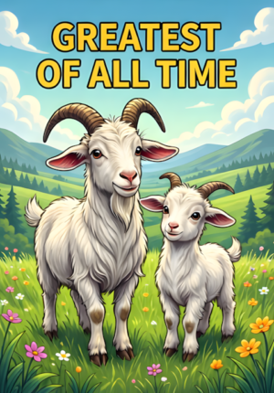 Greatest Of All Time Dad Goat And Little Goat Standing Proudly Together On A Grassy Hill