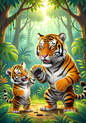 Grrreat Dad Dad Tiger And Little Tiger Cub Giving Each Other A High Five In A Bright Jungle