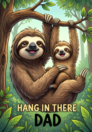 Hang In There Dad Dad Sloth And Baby Sloth Hanging Together From A Tree Branch