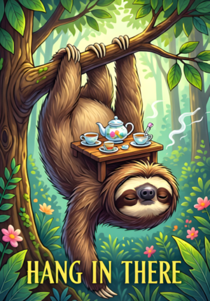 Hang In There Two Sloths Hanging Upside Down From A Tree Branch Having A Tiny Tea Party Sleepy Happy Expressions