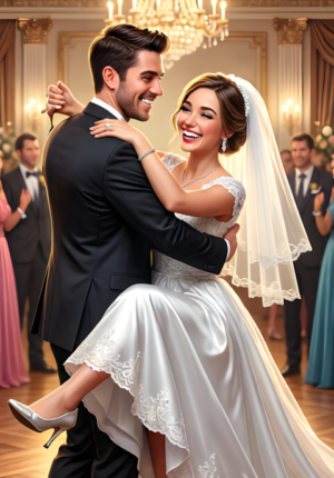 Happily Ever After A Newlywed Couple Attempting Their First Dance While Accidentally Stepping On Each Others Feet