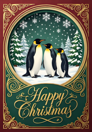 Happy Christmas Penguins Beneath Falling Snow