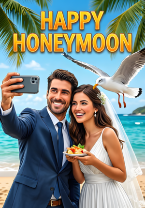 Happy Honeymoon Two Newlyweds On Honeymoon Trying To Take A Romantic Selfie While A Seagull Steals Their Food