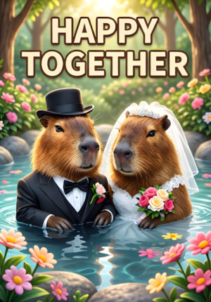 Happy Together Two Capybaras Dressed As Newlyweds Relaxing Peacefully In A Flowerfilled Hot Spring After Their Wedding