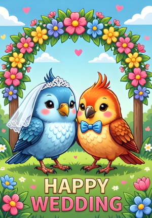 Happy Wedding Two Lovebirds Wearing A Tiny Veil And Bow Tie Perched Together Beneath A Floral Arch Cheerful Romantic Colors