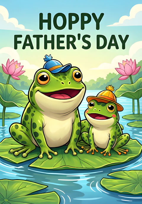 Hoppy Fathers Day Dad Frog And Tiny Frog Sitting Together On Lily Pads With Matching Little Hats