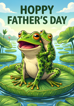 Hoppy Fathers Day Dad Frog Giving His Little Frog A Piggyback Ride Across Giant Lily Pads