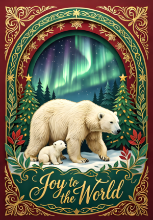 Joy To The World Polar Bear With Cub Beneath Northern Lights