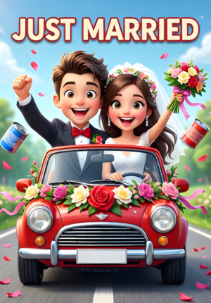 Just Married A Joyful Newlywed Couple Driving Away In A Tiny Car Covered In Flowers And Ribbons Tin Cans Bouncing Behind Them