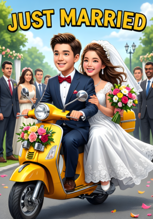 Just Married A Newlywed Couple Escaping Their Reception On A Bright Scooter Decorated With Flowers And Tin Cans