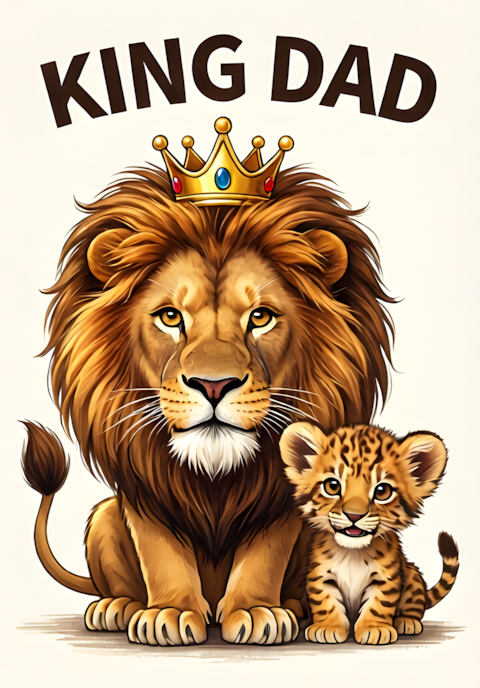 King Dad Dad Lion Wearing A Crown While His Little Cub Sits Proudly Beside Him