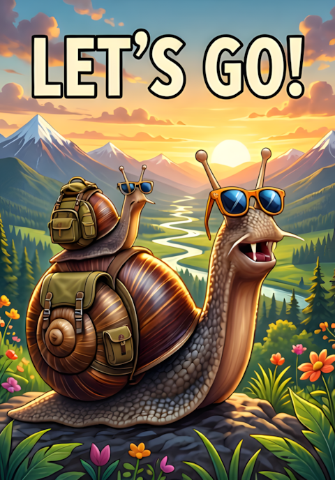 Lets Go Two Snails Setting Off On An Epic Adventure With Tiny Backpacks And Sunglasses Dramatically Looking Toward The Horizon