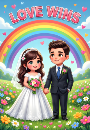Love Wins Two Newlyweds Under A Huge Rainbow Holding Hands
